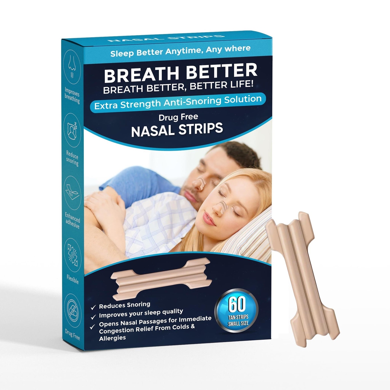 60 Breath Better Nasal Strips Reduce Snoring Relieve Nose Congestion Large  Tan